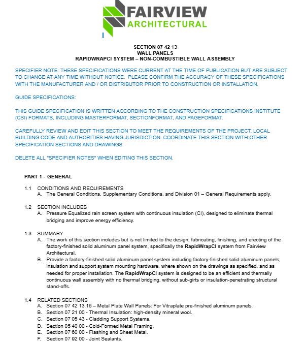 508 RapidWrapCI® Architectural Specs – Non-Combustible