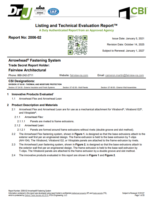 Arrowhead® Fastening System Code Compliance TER 2006-02